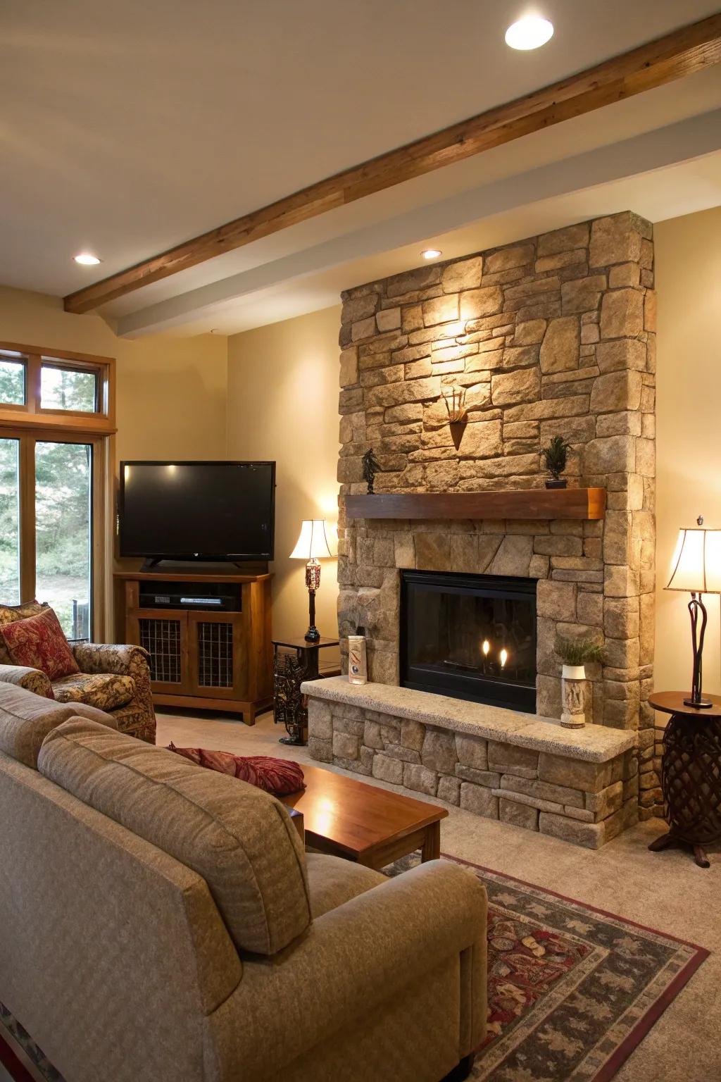 A living room TV wall utilizing stone for a raw touch.