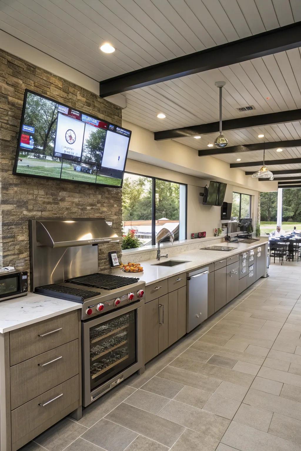 A cooking area structured for optimal television viewing from various angles.