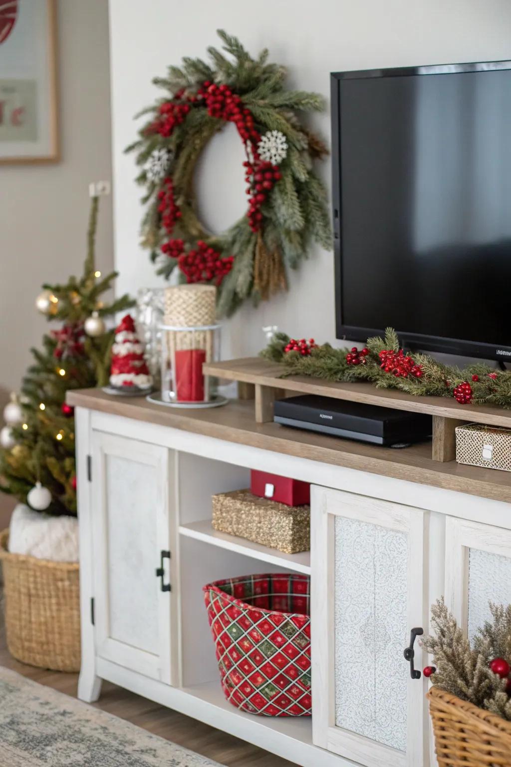 Seasonal accents maintain a lively and festive entertainment center.