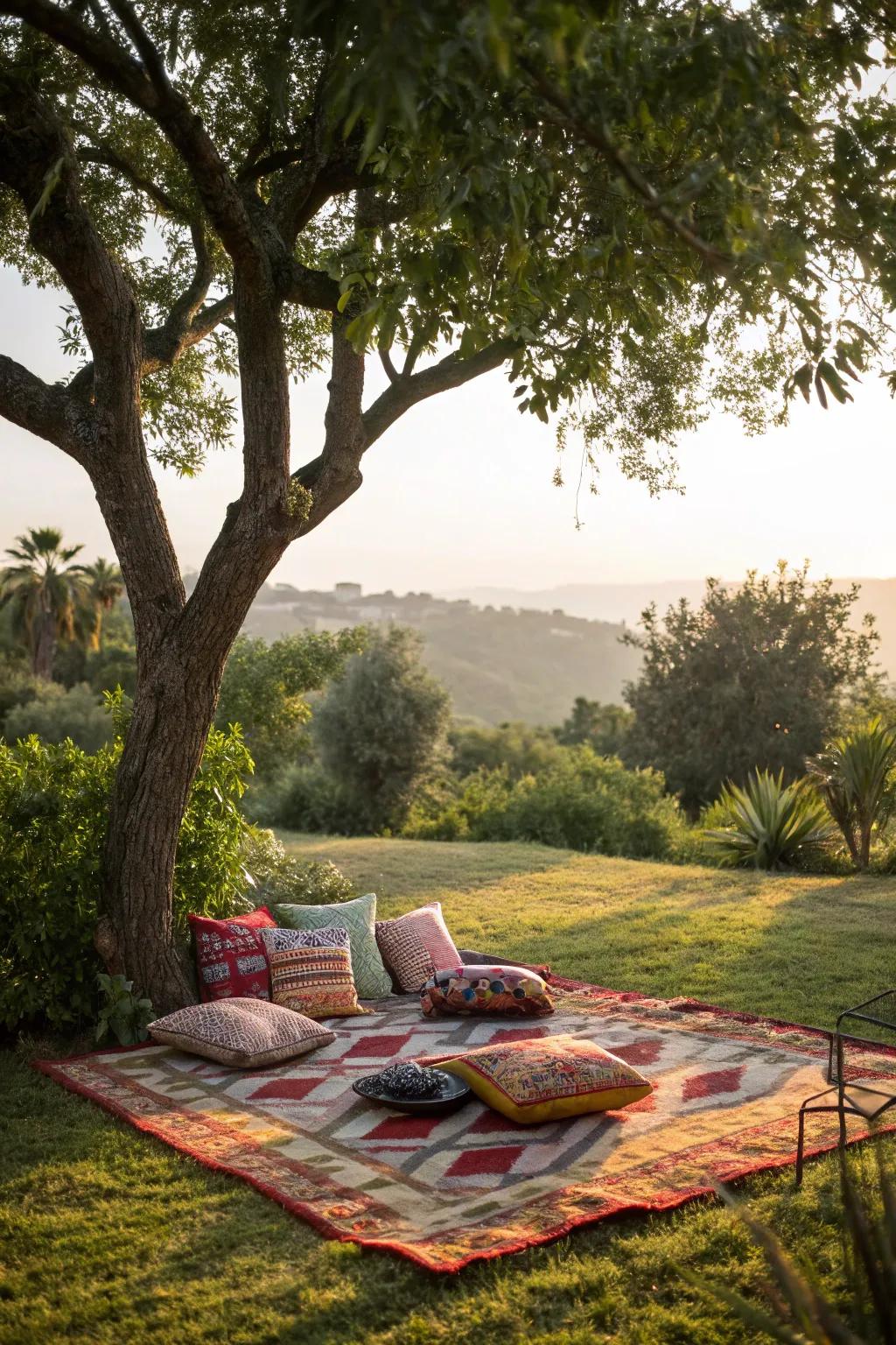 An open-air carpet infuses ease and flair into your tree-side retreat.
