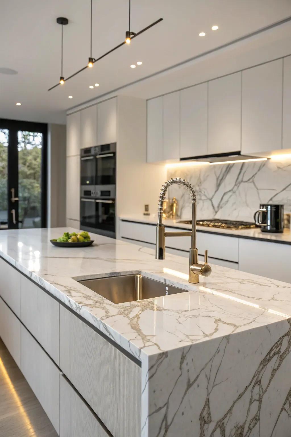 An undermount sink fluidly integrating with a luxurious countertop.