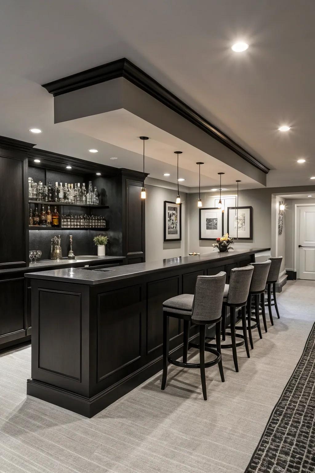 A monochromatic palette builds a sleek, modern bar ambiance.
