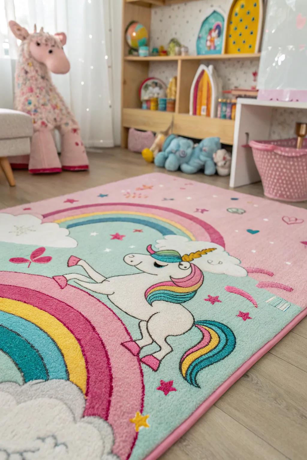 A whimsical rug completes the fantasy creature room's enchanting vibe.
