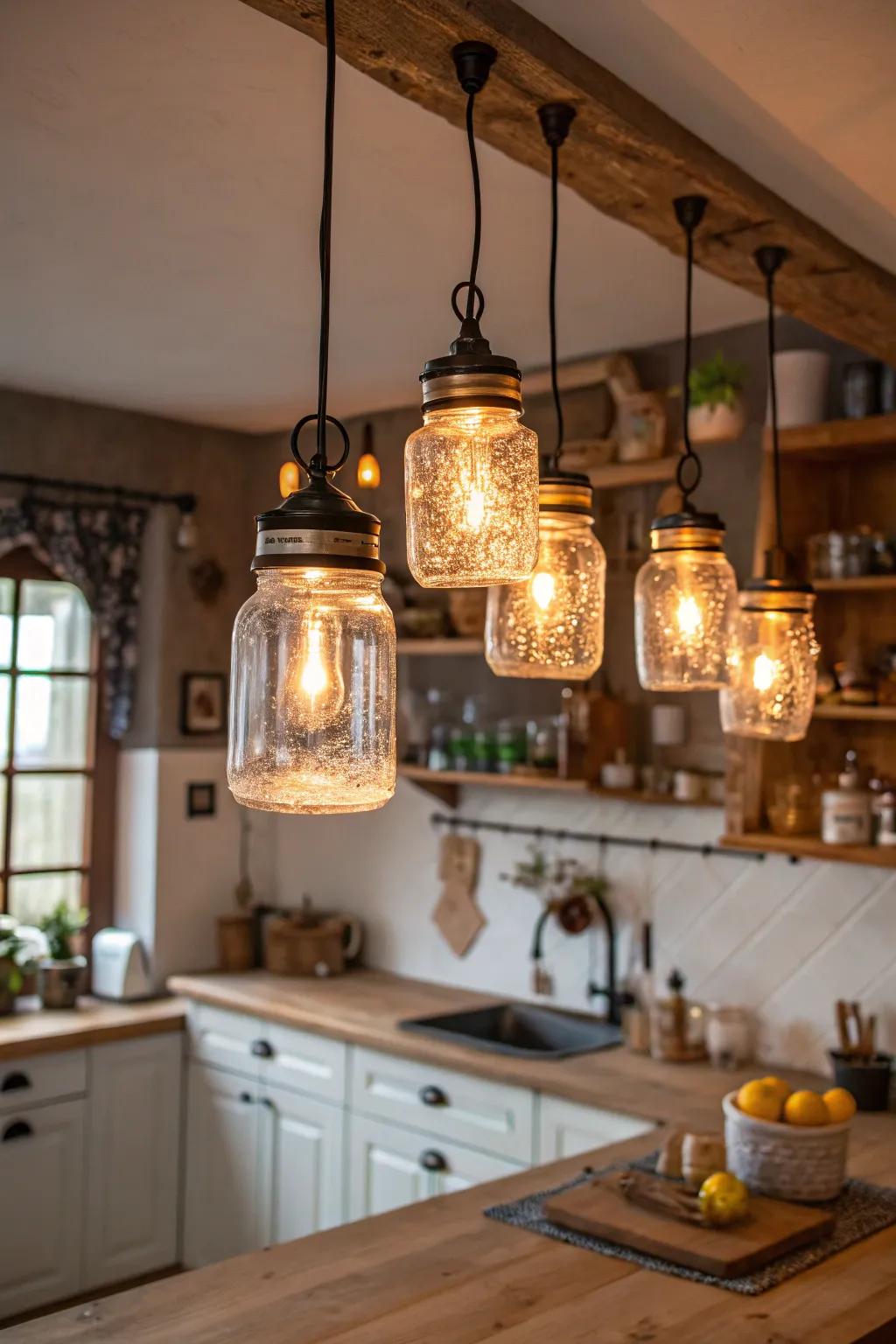 Charming canning jar lamps for a cozy glow.
