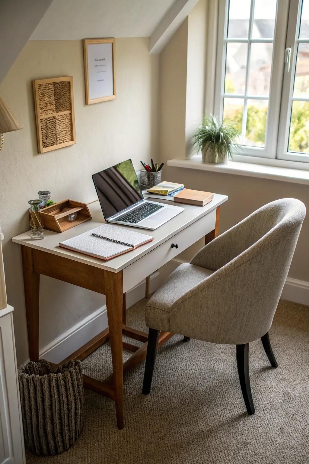 A functional workspace on the upper hallway maximizes utility.