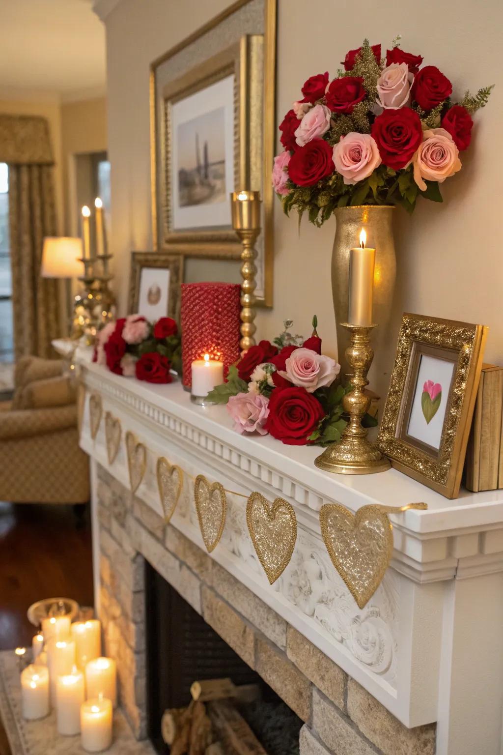 Sophisticated golden and impartial highlights featured on the mantel.