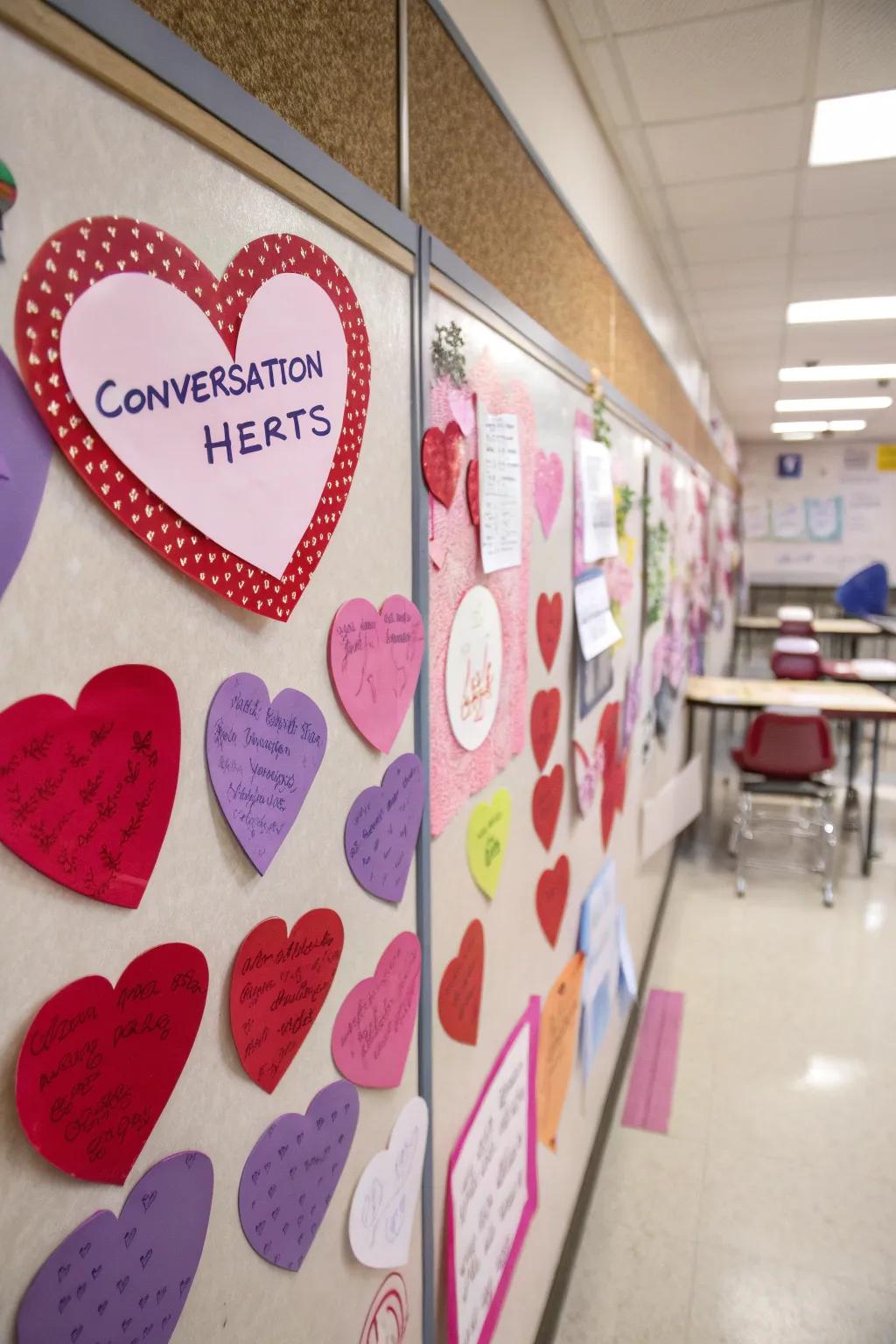 A notice board showcasing vibrant conversation hearts bearing personalized messages.