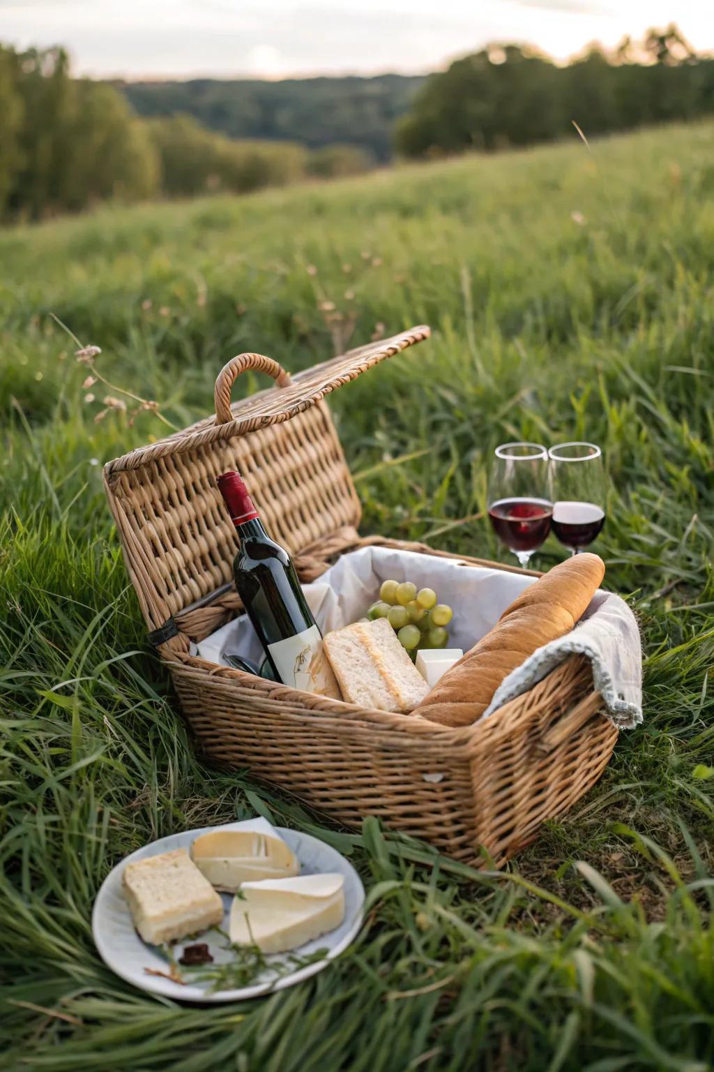 A romantic picnic basket prepared for an outdoor adventure.