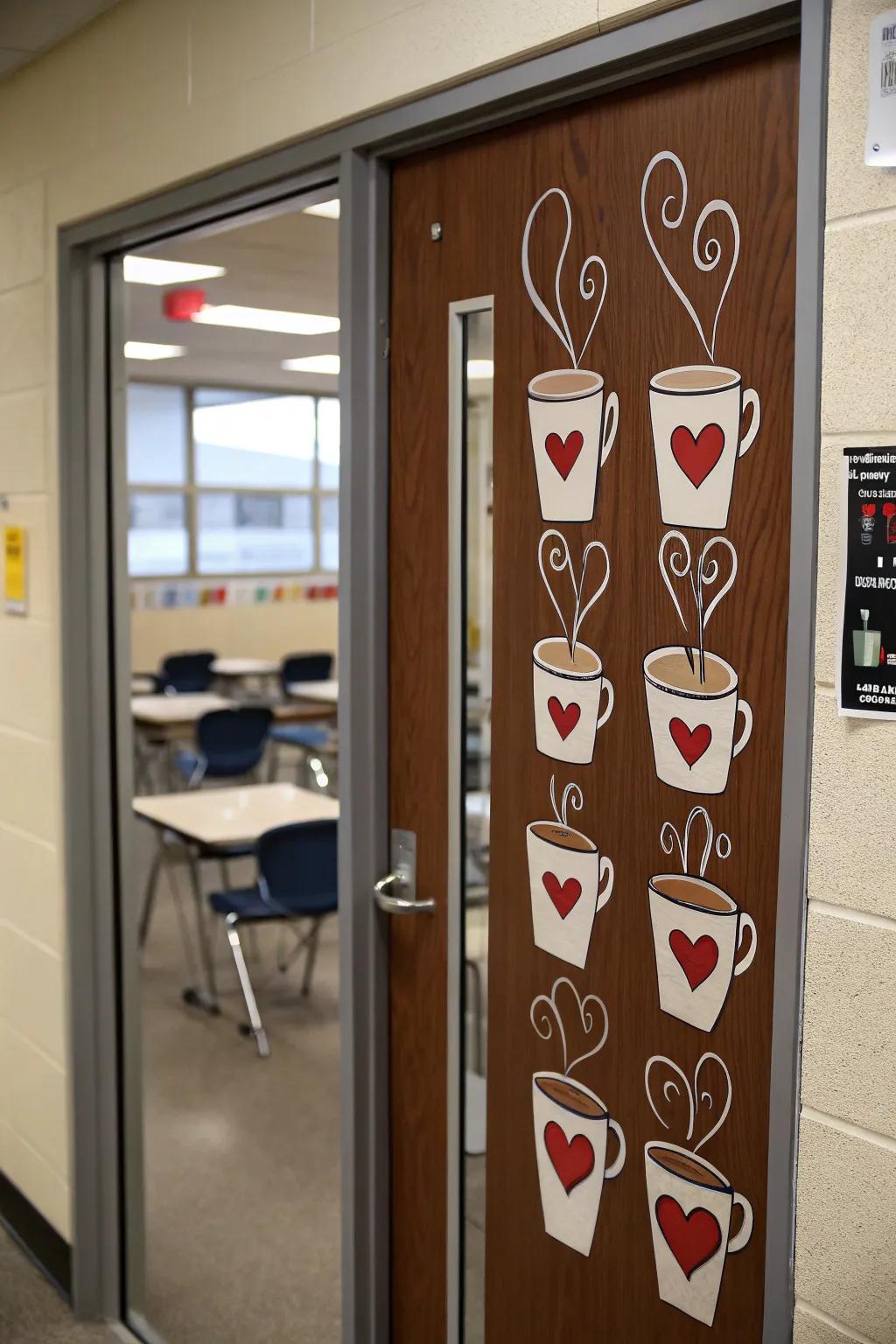 A classroom entrance displaying a coffee motif with vaporous mugs embellished with heart emblems.