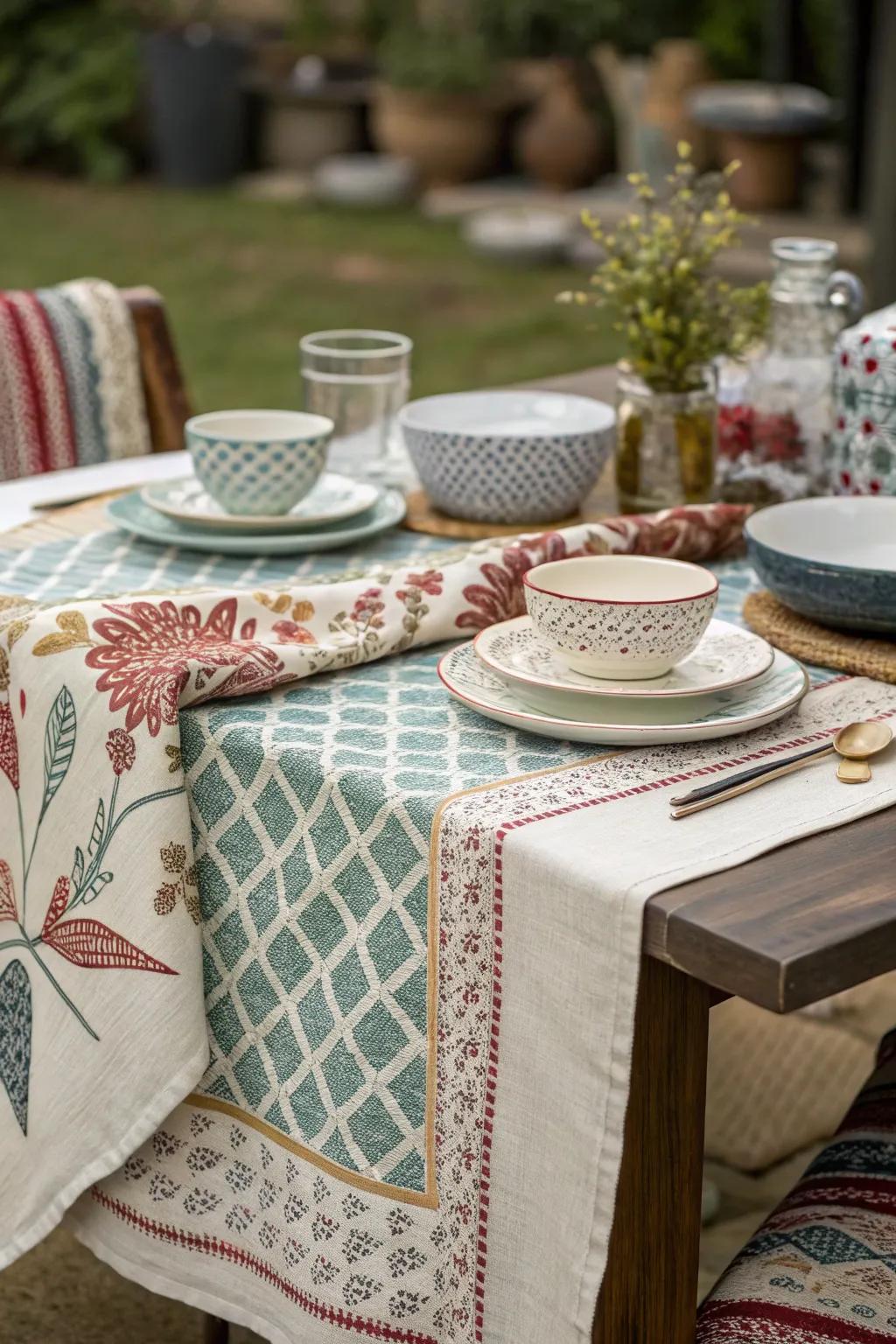 Blend diverse patterns and textures for a vibrant tablescape.