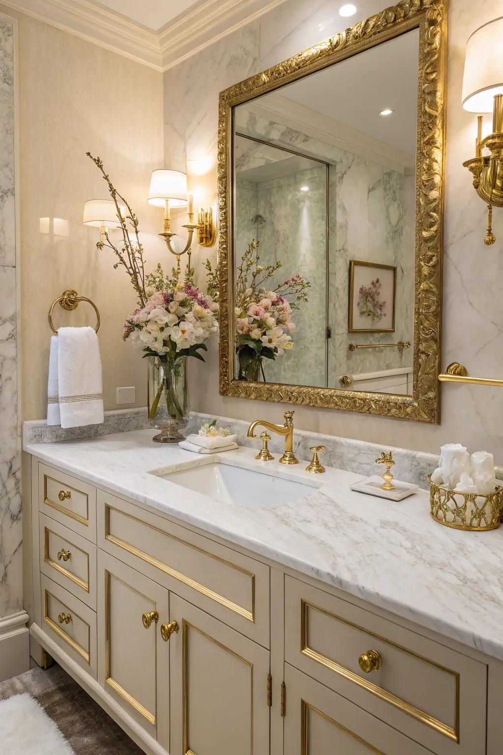 A refined lavatory adorned with marble countertops.