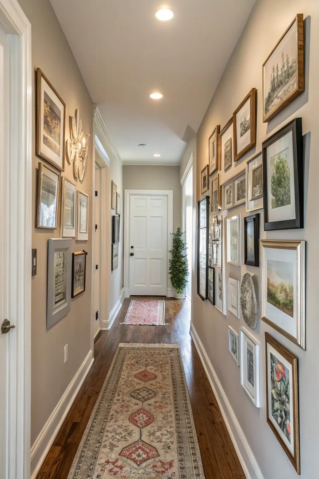 A gallery showcase coordinated in soothing colors inside an entryway