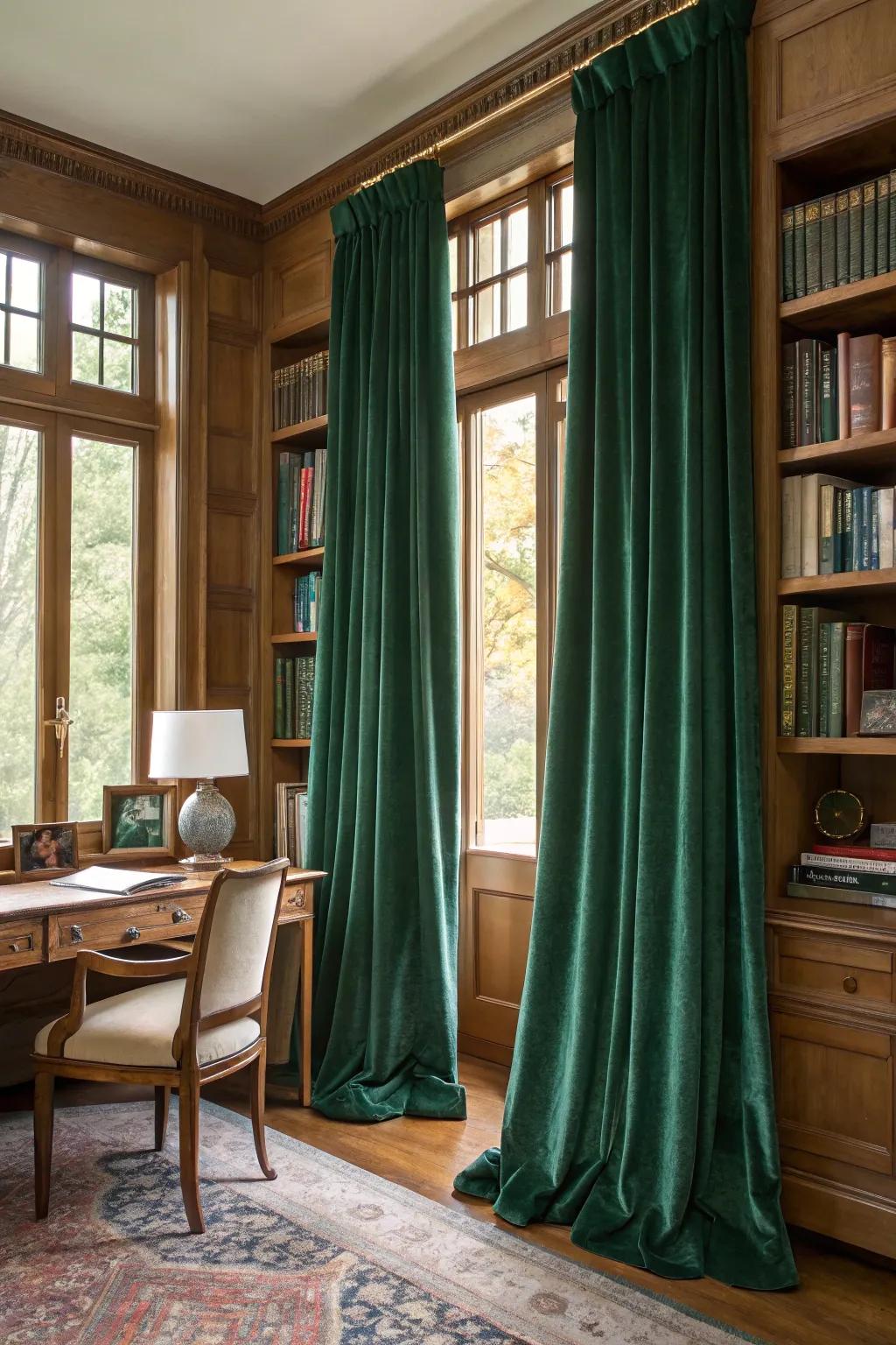 Velvet window coverings ooze beauty and luxury.