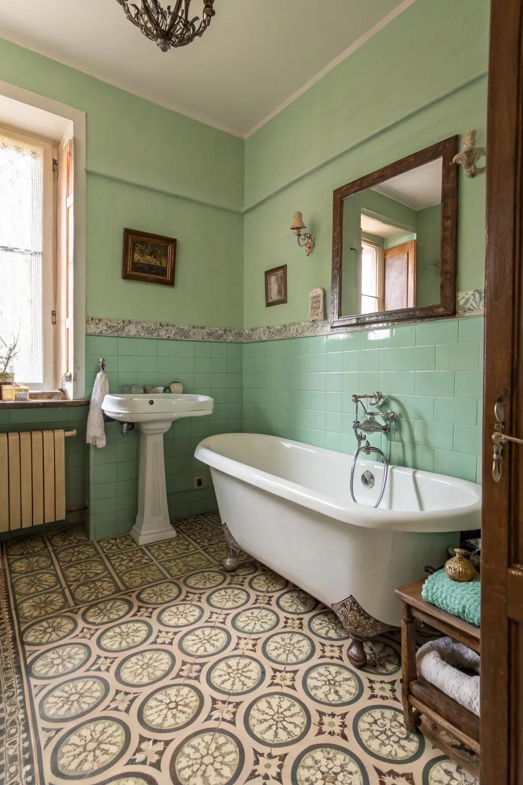 Green and pastel colors create a soothing vintage bathroom palette.