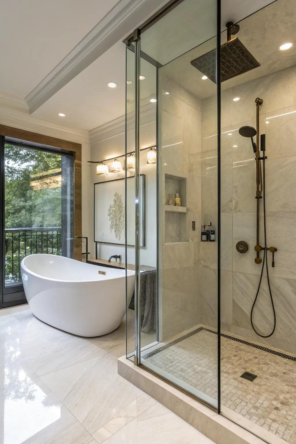 A luxurious setup with an integrated bathtub within the walk-in shower.