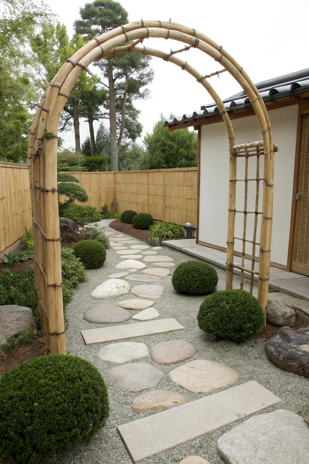 Bamboo arches add an exotic, zen-like quality to garden areas.