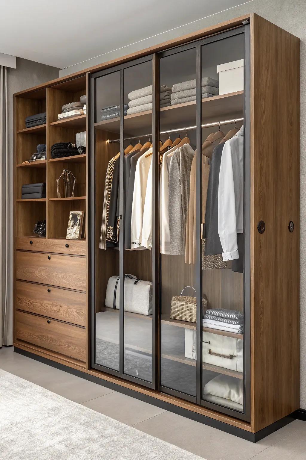 A closet featuring a blend of materials for a modern look.