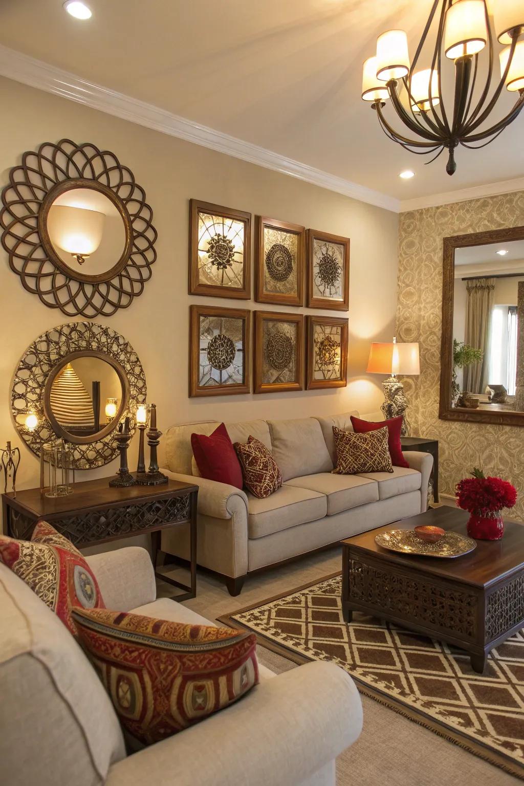 Art and mirrors enhance space, incorporating profundity and character.
