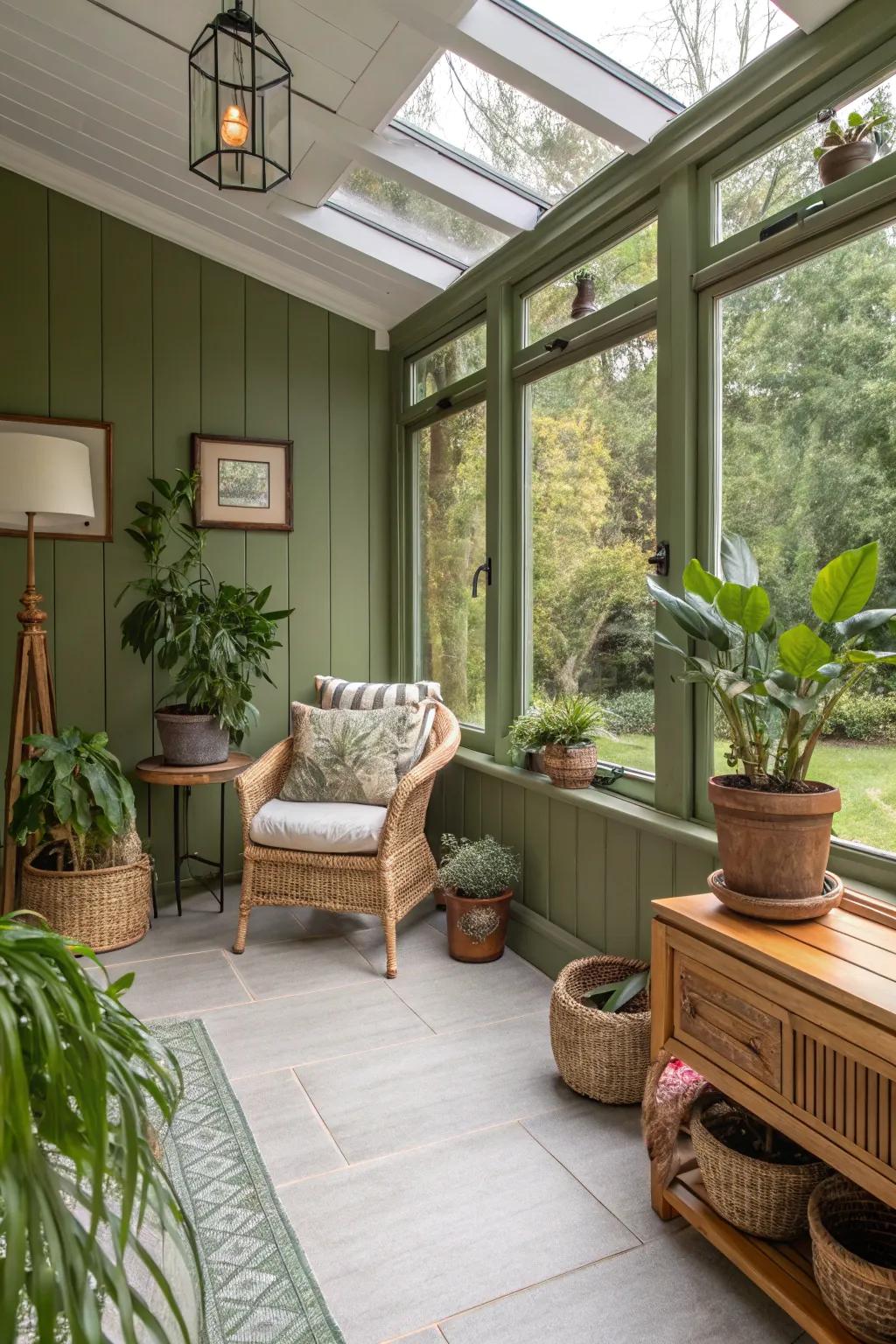 Sunroom painted in rich olive green, providing a snug nature-inspired hideaway.