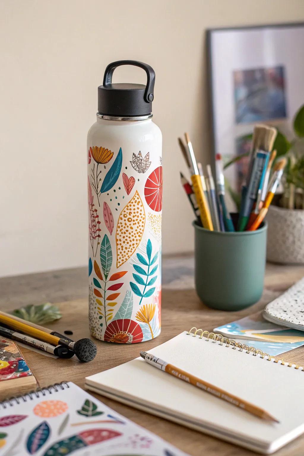 A beverage container ornamented via vibrant theoretical collage.