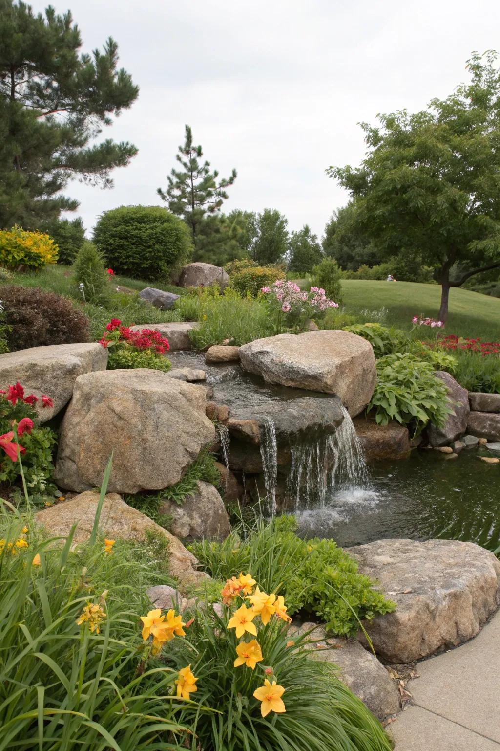A rock cascade brings the sound of nature into your yard.