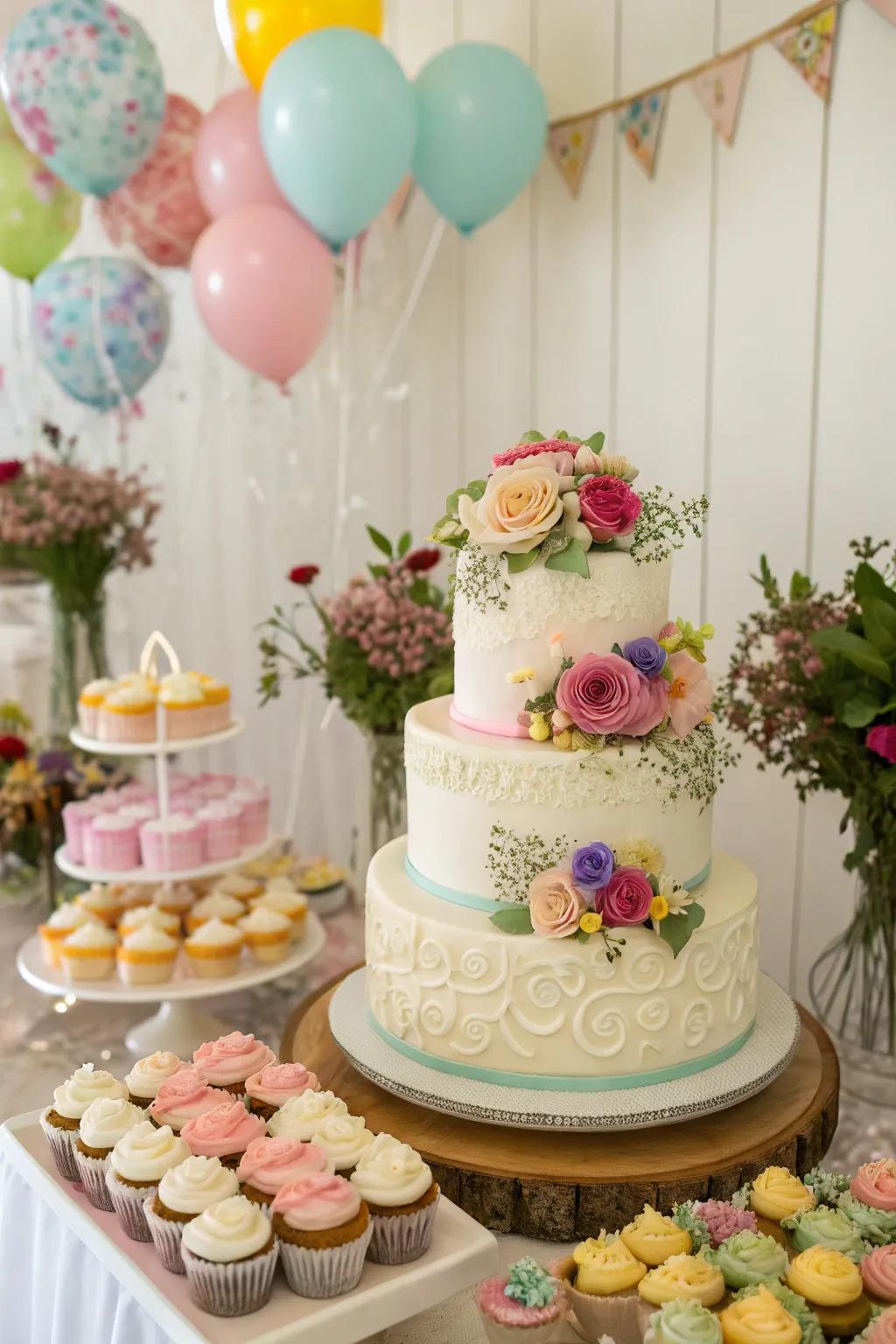 A wedding cake complemented by a variety of pastries.