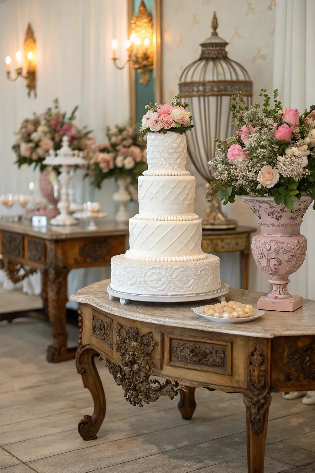 Vintage furniture adds a nostalgic elegance to the cake table.