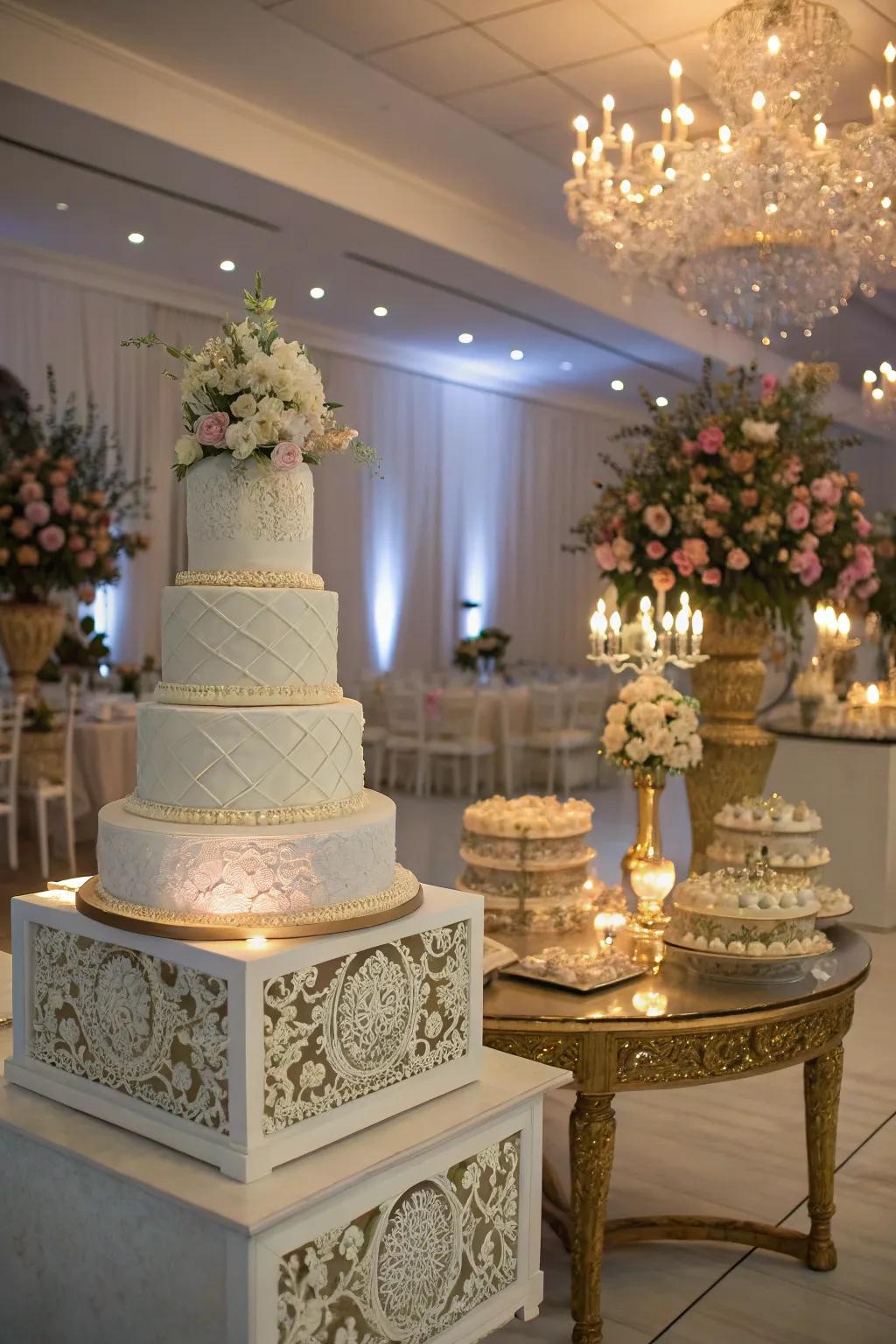 A wedding cake elegantly displayed on decorative pedestals.