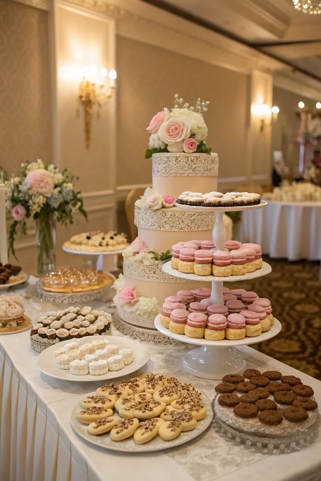 A wedding pastry station featuring varying altitudes for an appealing setup.