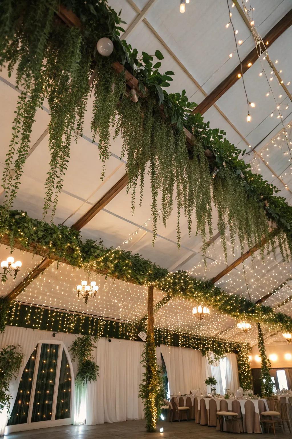 A wedding venue overhead wonderfully decorated with hanging greenery and lights, producing an engaging atmosphere.