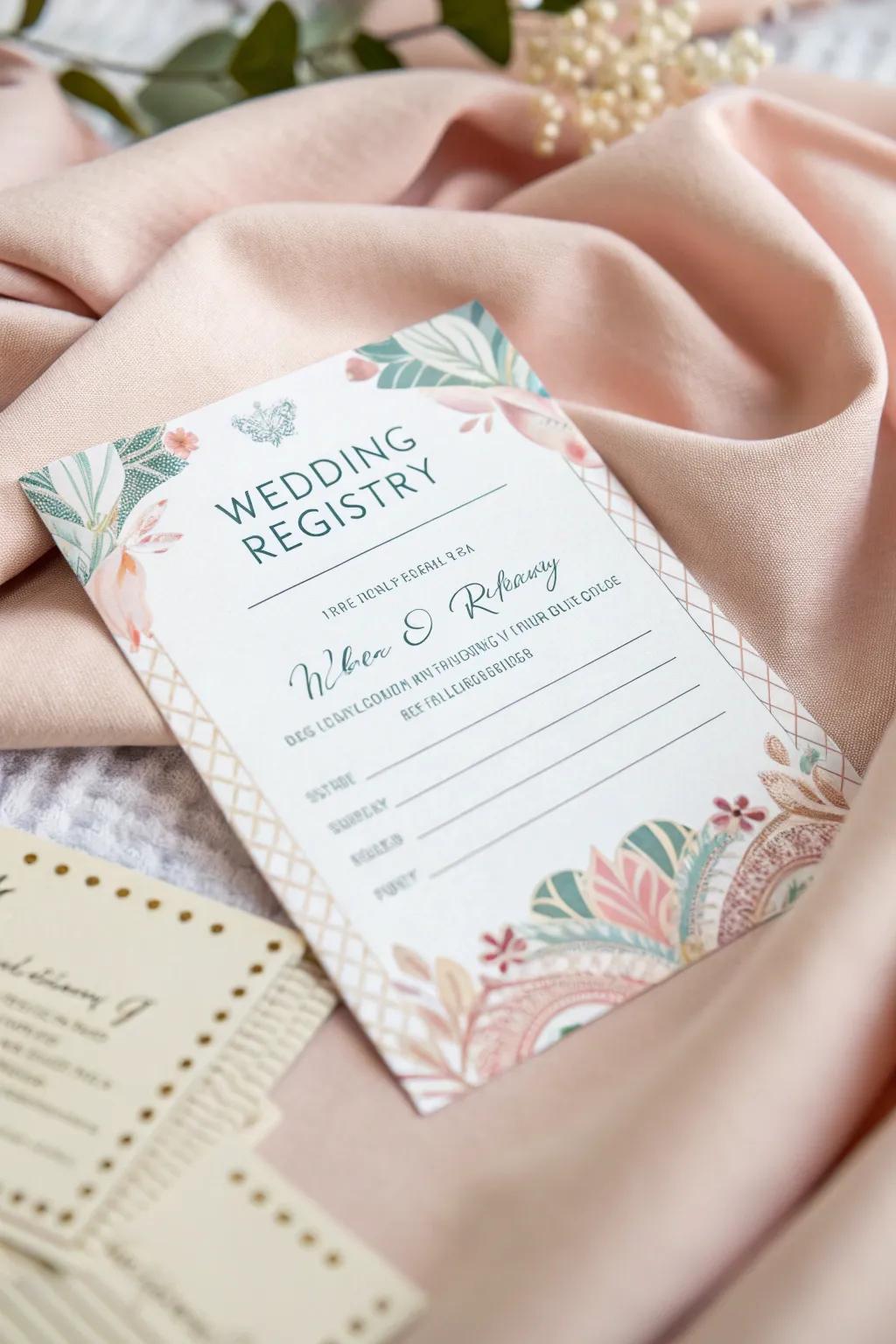A pastel-colored registry card that feels calm and elegant.