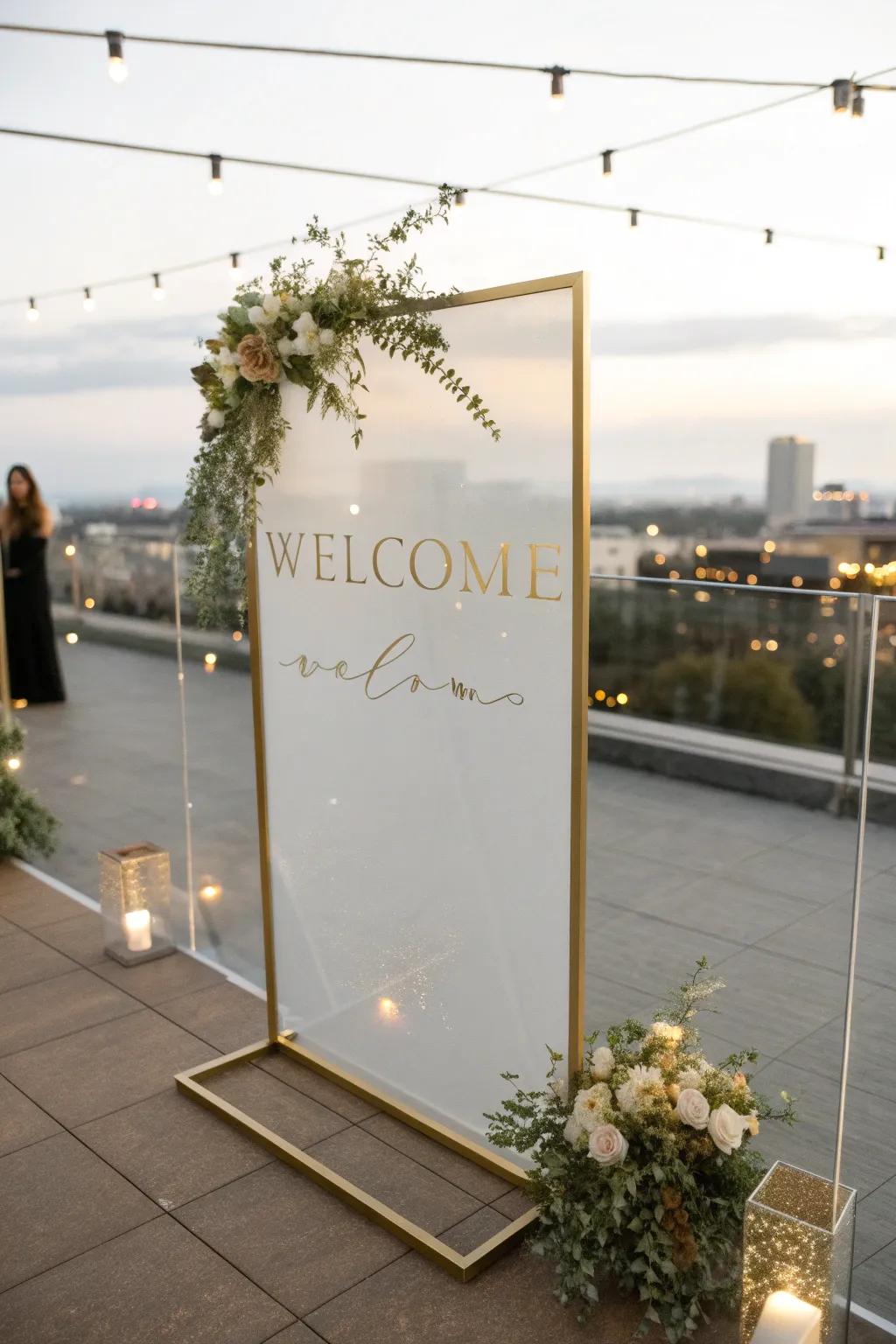 A sleek, simple clear welcome board with gold details, perfect for a rooftop wedding.
