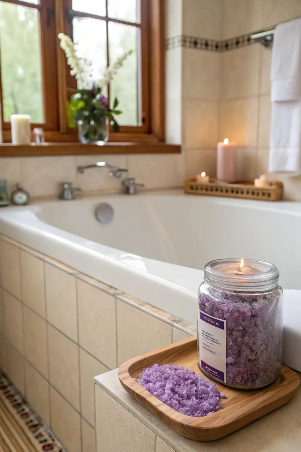 Indulge in a calming bath with self-made lavender soak crystals.