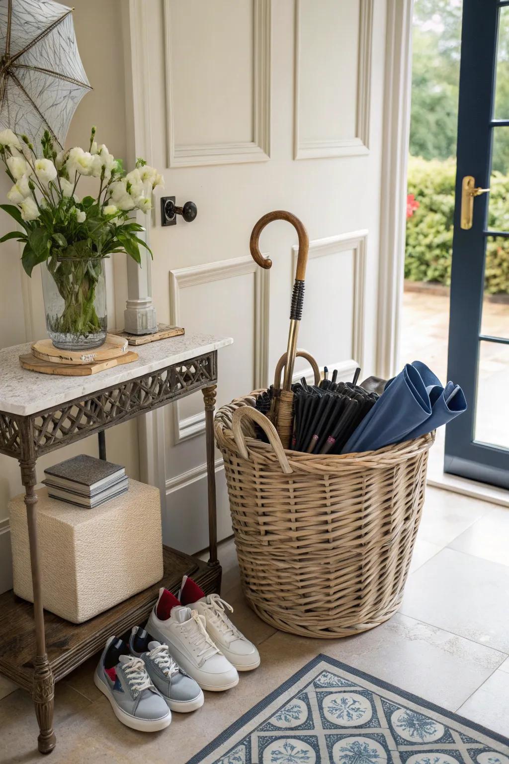 A basket keeps crucial entryway items both arranged and accessible.