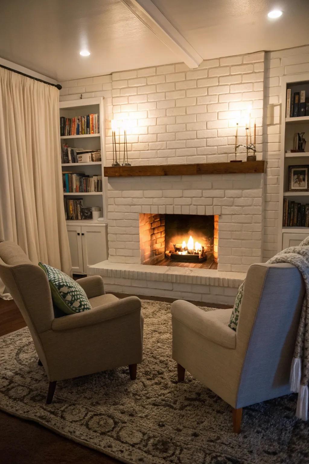 An inviting seating nook beckons with warmth and fellowship near the fireplace.