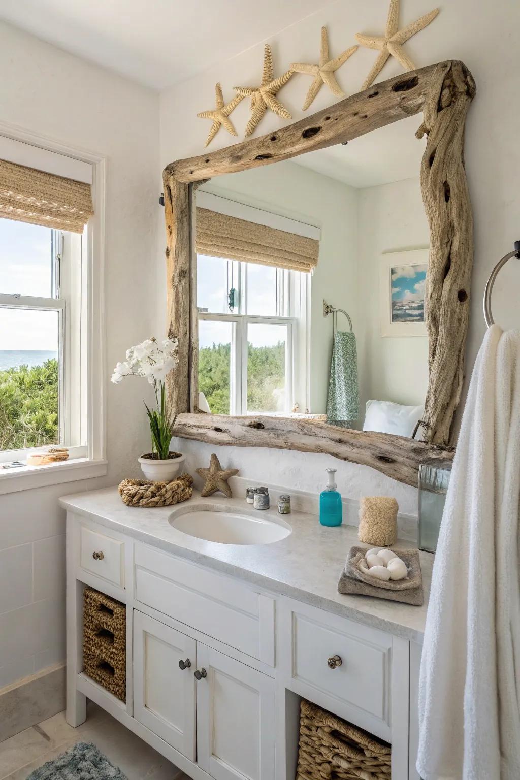 Attractive mirrors enhance the coastal look.