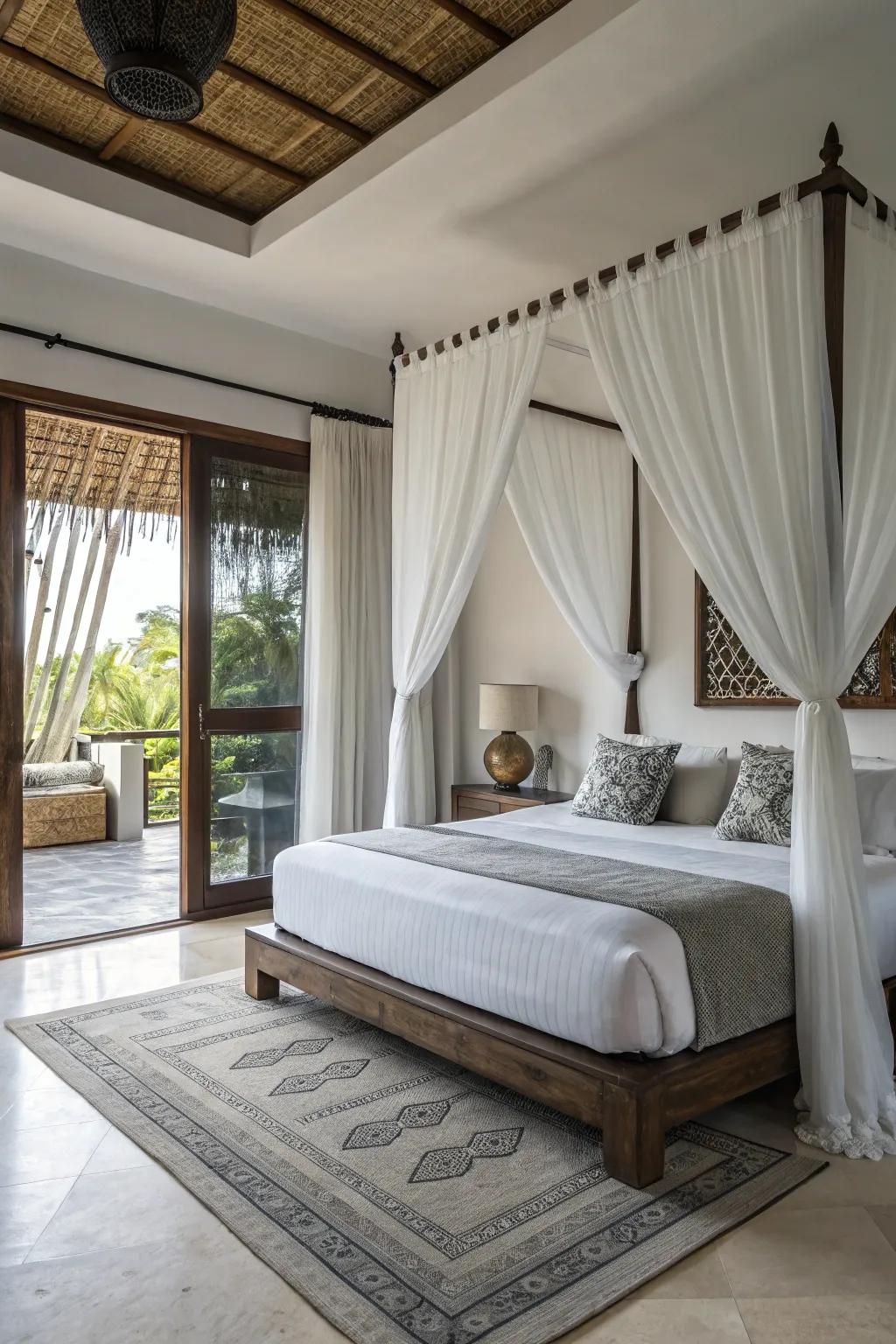 A harmonious merger of contemporary and traditional constituents employing ivory drapes.