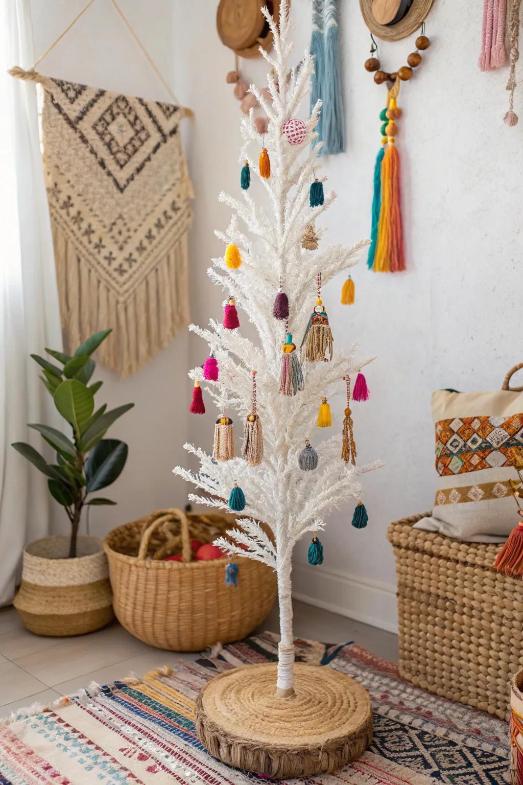 A boho stylish white pencil tree using macramé and strands.