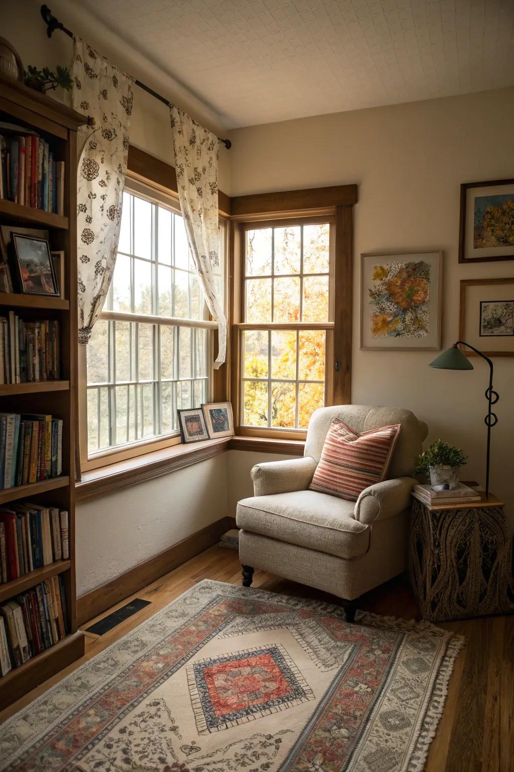 An individual window nook includes artwork and a rug.