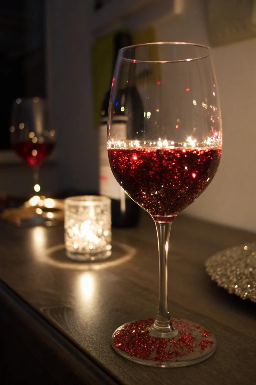 Glittery highlights transform wine glasses into festive showpieces.