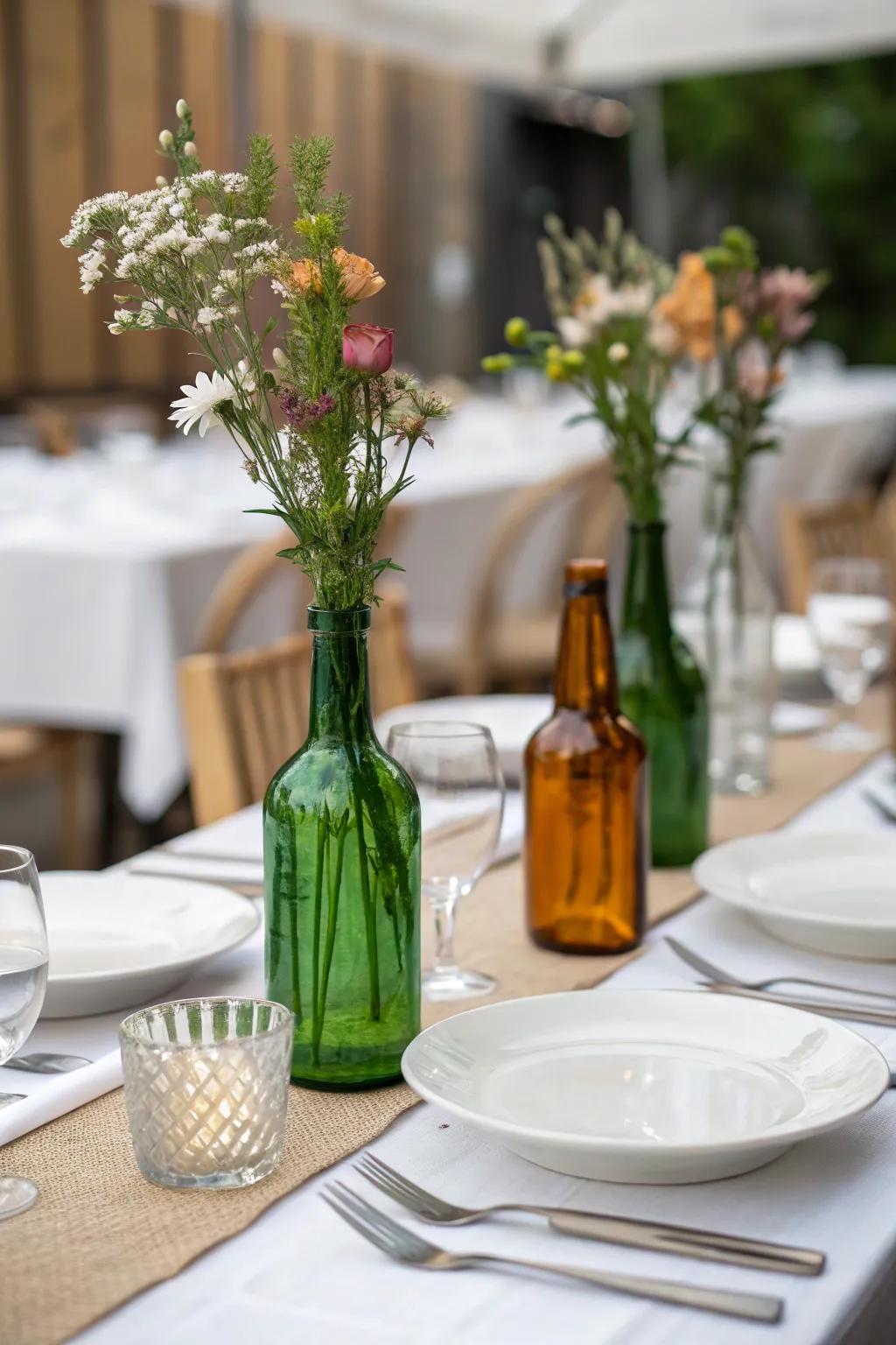 Colored glass bottles bring interesting visual appeal to your table.