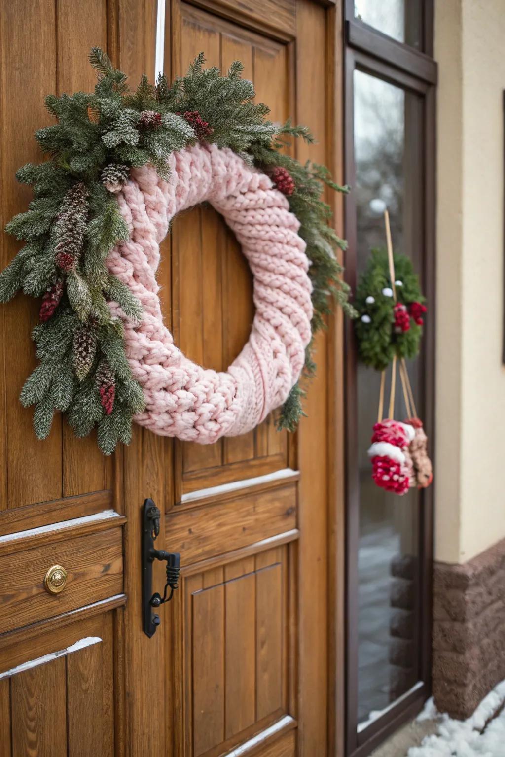 A knitted yarn wreath evokes warmth and allure at any entrance.