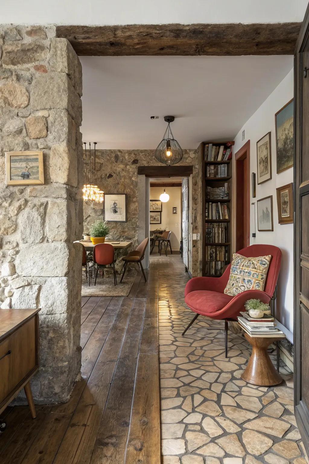 An eclectic interior displaying a textured shift from rock to wooden floors.