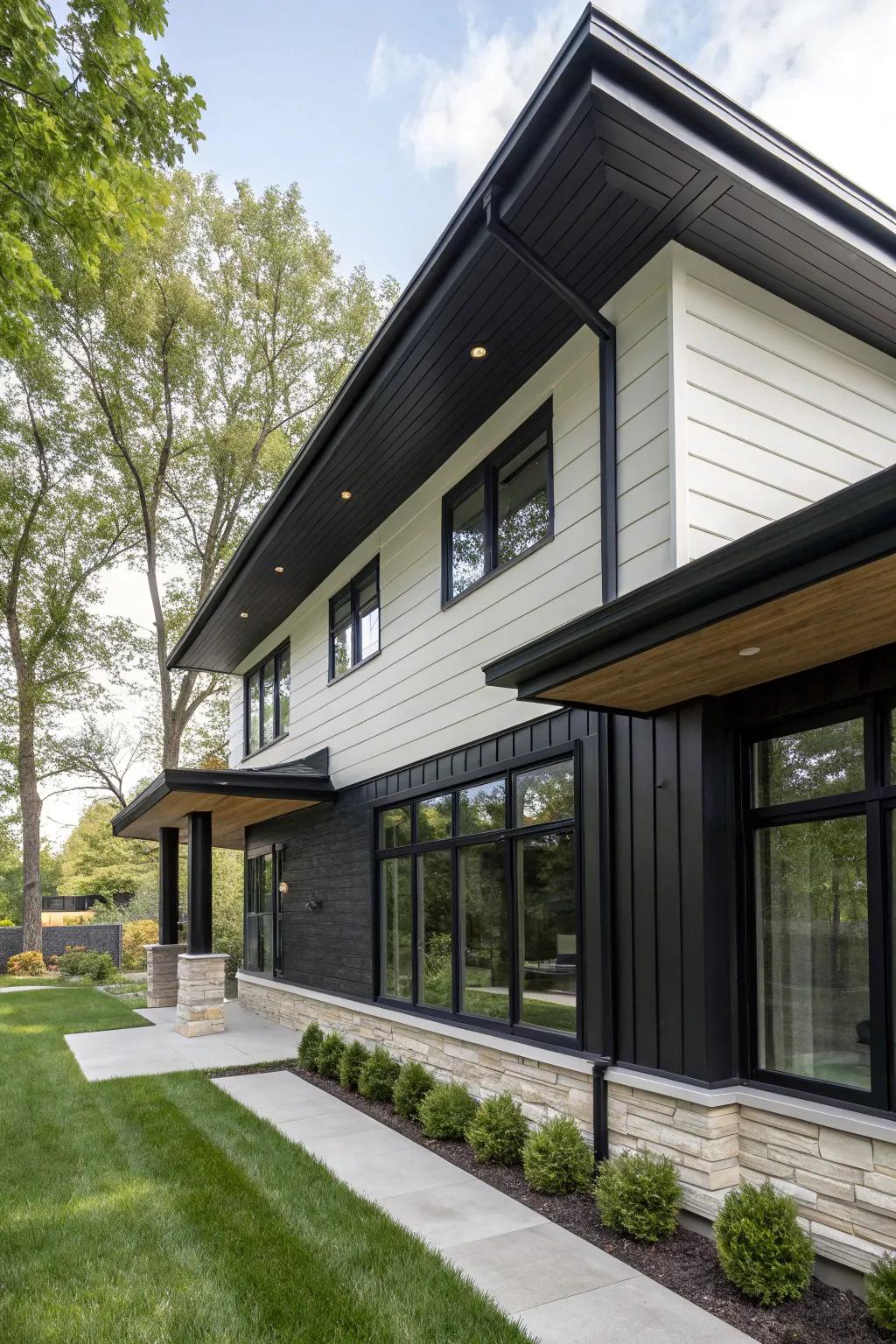 Charcoal-stained wood soffits deliver a bold and contemporary look.