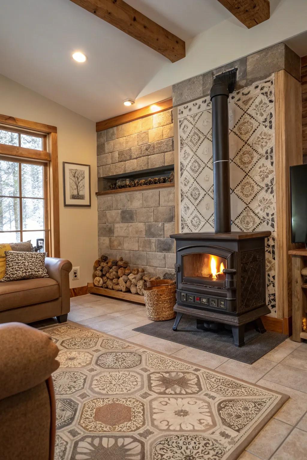 Mixing tile textures and styles creates a unique and personalized wood stove surround.