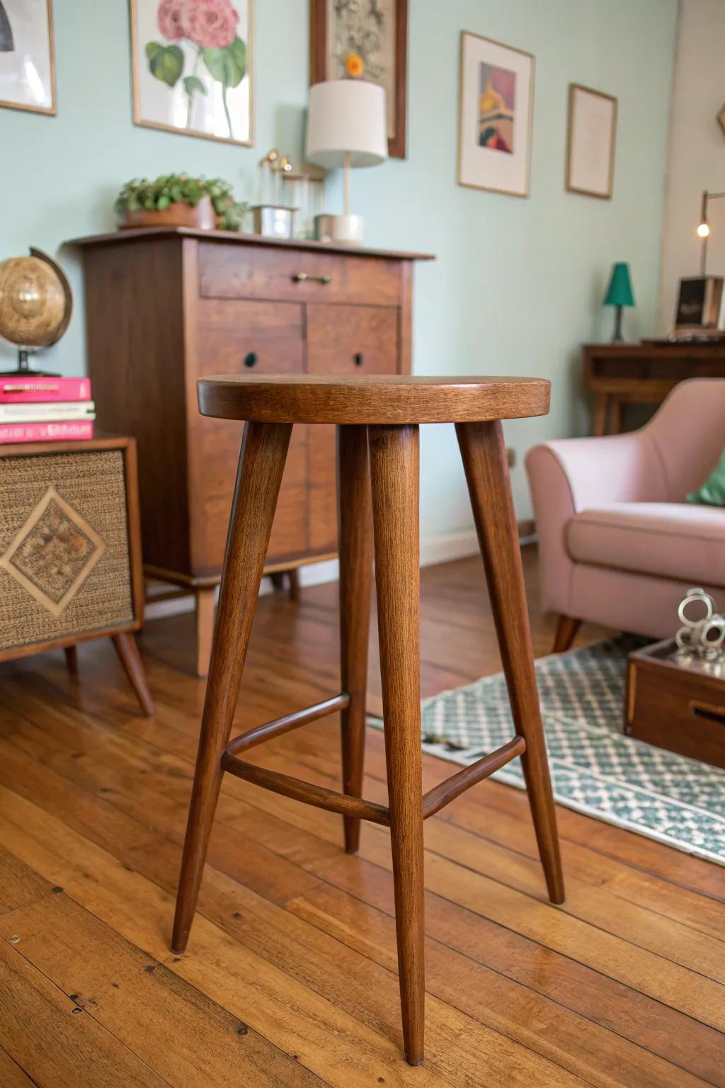 Mid-century modern style captured in this sleek wooden stool.