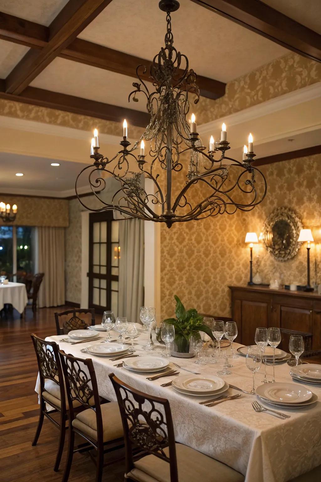 A metal chandelier creates a spectacular focal point.