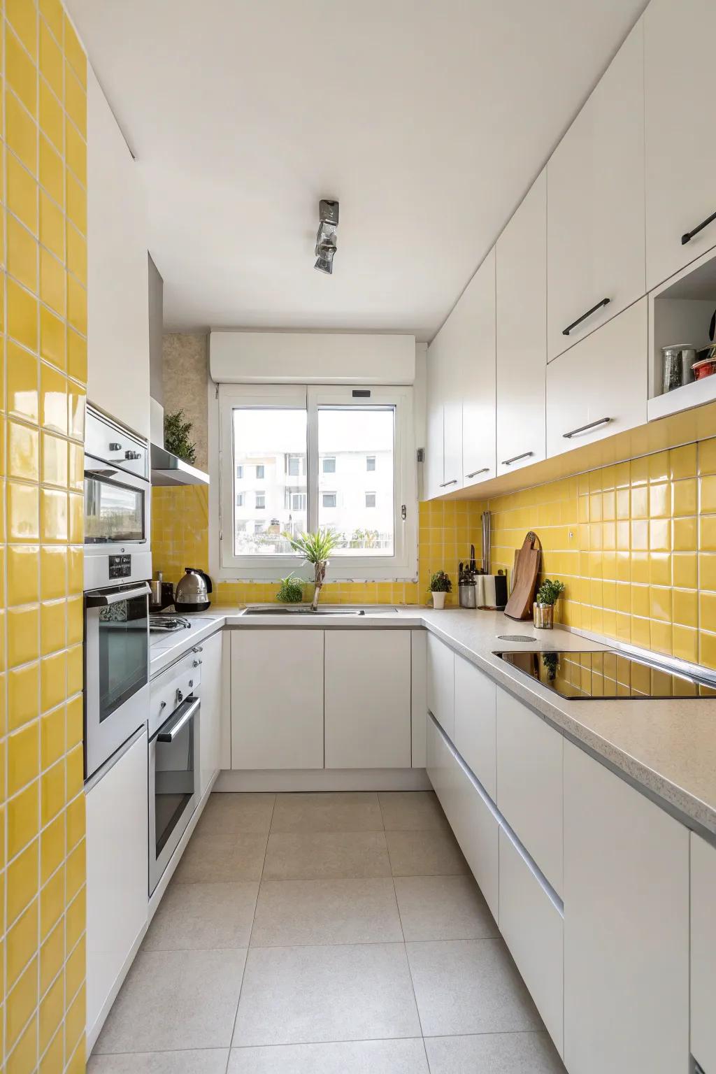 An understated yellow backsplash adds subtle color to this kitchen.