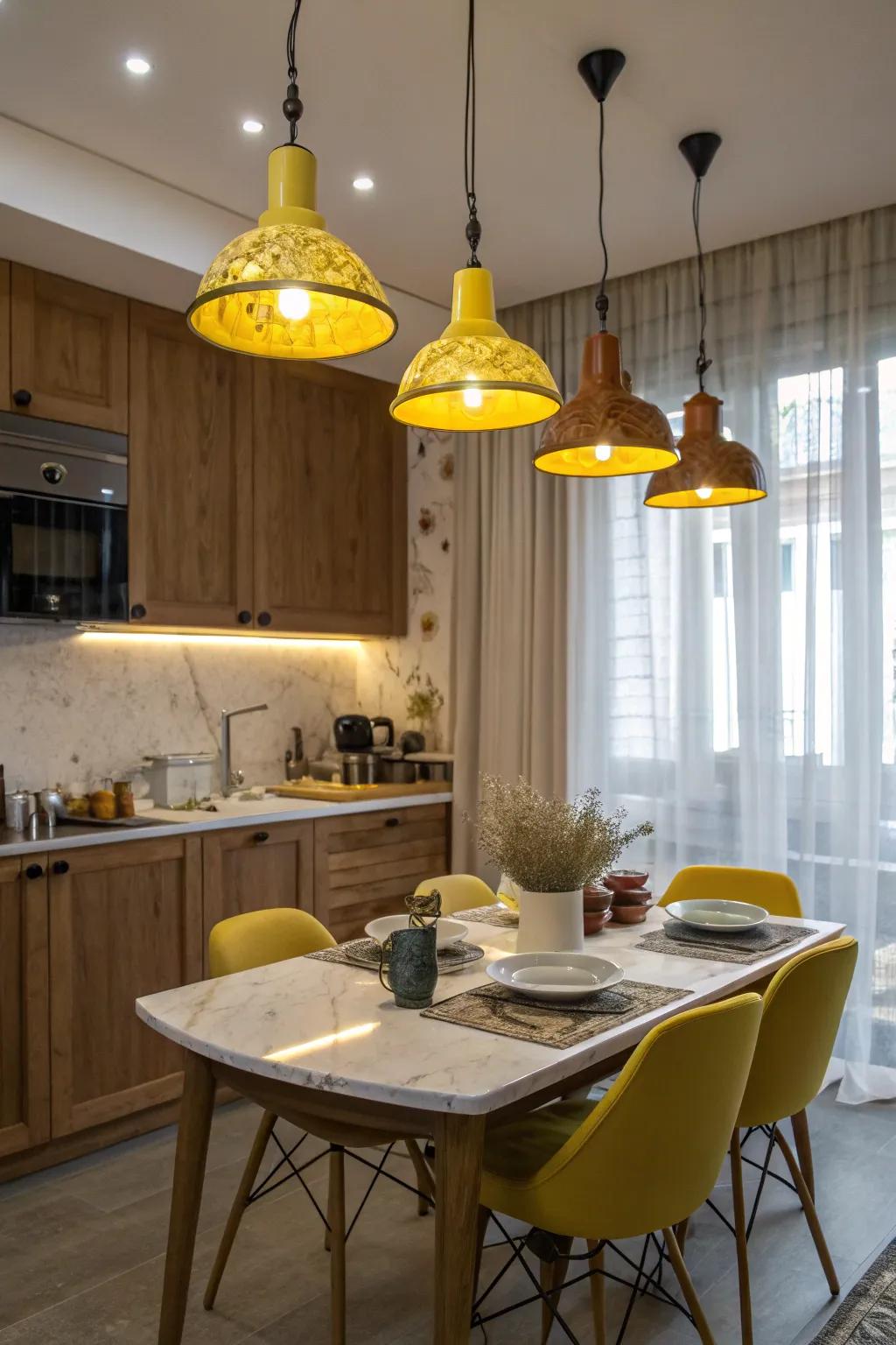 Yellow suspension illuminations inject coziness and flair into the cooking area's environment.