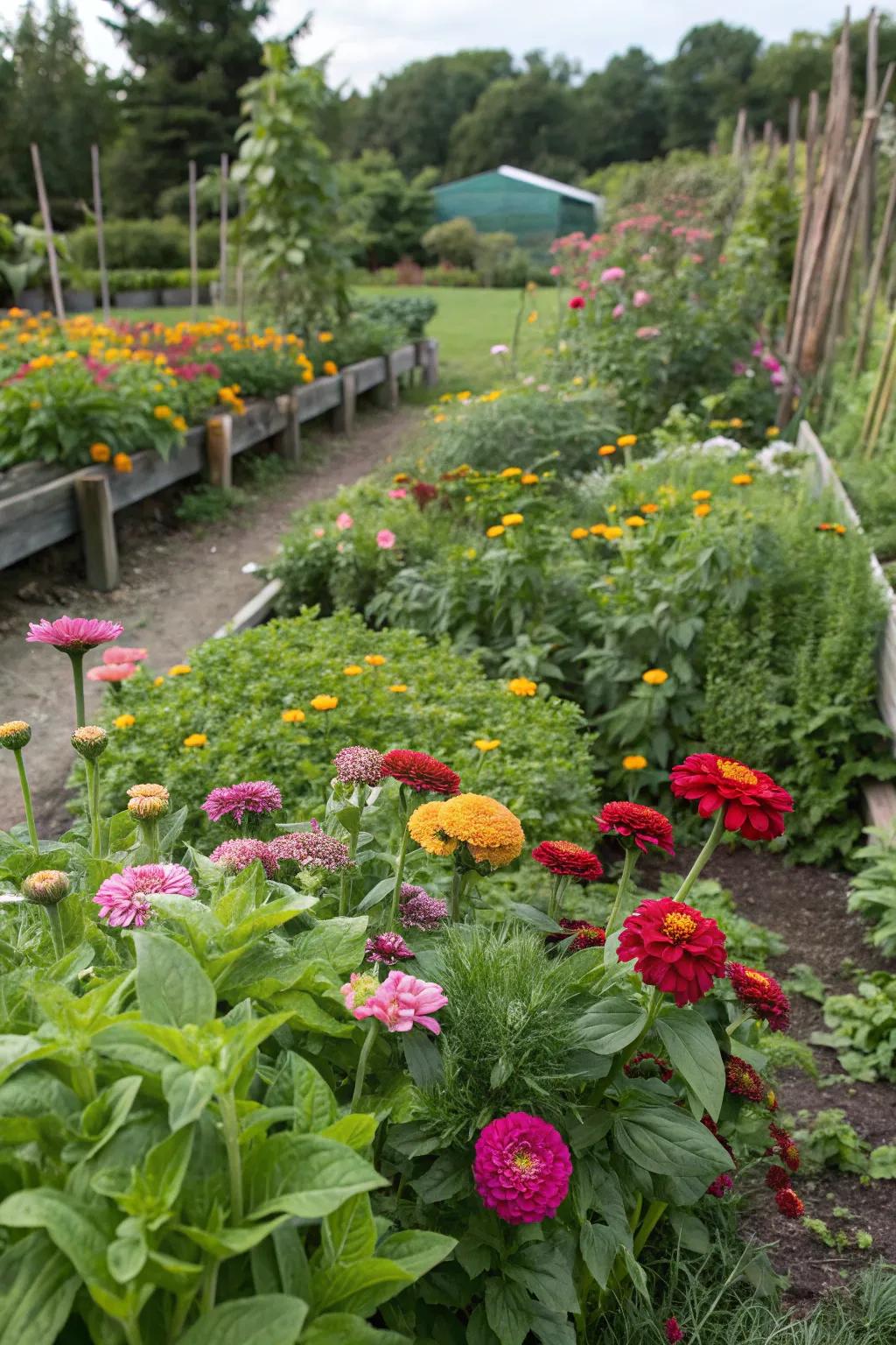 A vibrant edible garden featuring blossifys among herbs and vegetables.